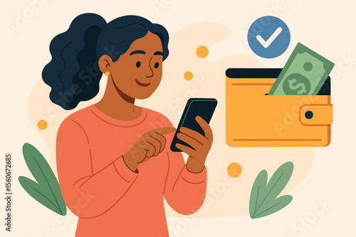 Smiling latin woman using mobile banking on her phone. Digital wallet and e-payment concept with money. Successful transaction confirmed with checkmark. Financial technology vector.