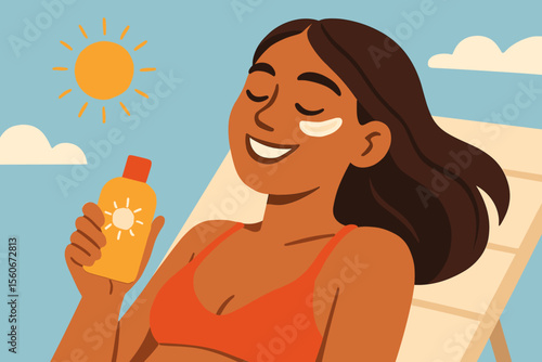 Happy young woman applying sunscreen on face. Smiling girl enjoying summer vacation. Sun protection and skincare concept. Sunblock cream for UV safety. Modern flat vector illustration.