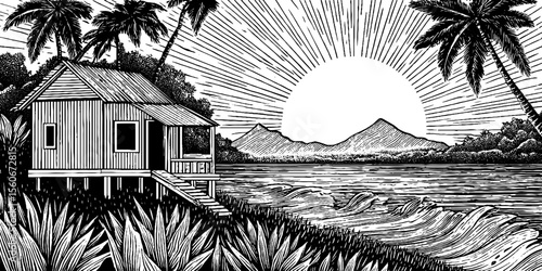 Tranquil coastal hut on stilts at sunrise in black and white