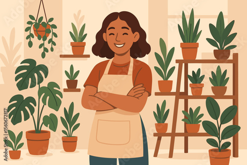 Small business owner proud of her plant shop. Happy woman florist standing in her store. Concept of local business, entrepreneurship and gardening. Modern flat vector cartoon illustration.