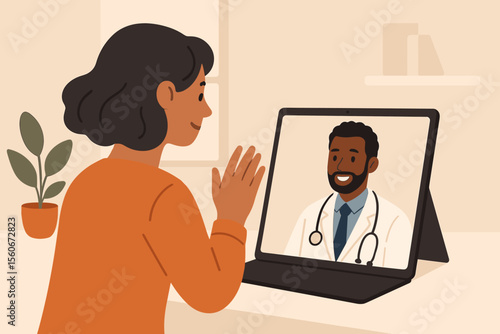Woman patient on video call with doctor using laptop. Telemedicine and telehealth concept. Online medical consultation, remote healthcare service from home. Modern flat vector illustration.