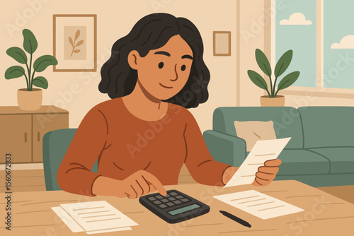 Young woman calculating financial budget at home, managing expenses, paying bills, and doing taxes. Modern flat vector cartoon illustration.