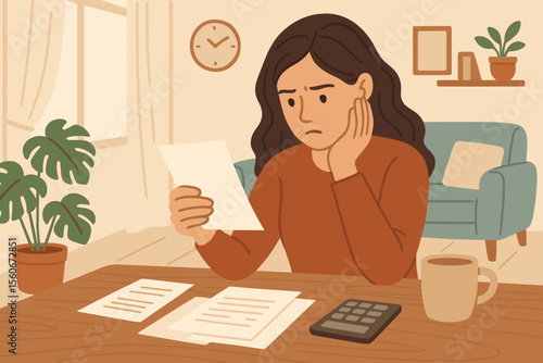 Worried woman reading bills, stressed about debt and financial problems. Upset person at home calculating expenses, taxes and payments. Household budget crisis concept vector illustration.