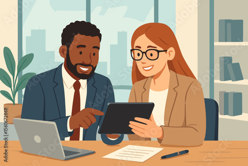 Business people in a meeting. Diverse colleagues, a black man and caucasian woman, collaborating on a project with a tablet. Teamwork, partnership, and digital technology in the office.