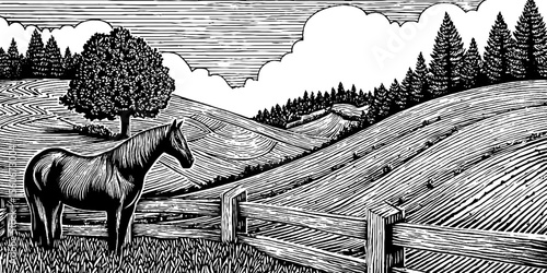 Pastoral horse scene with wooden fence in black and white hand drawn style