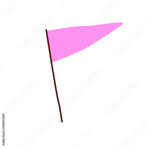Flag on pole. Triangle-shaped party pennant, festive banner on stick. Holiday decoration. Birthday accessory, pointed decor, ornament. Flat graphic vector illustration isolated on white background