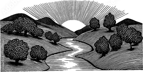 Vintage hydra at marshy riverbank in black and white landscape illustration