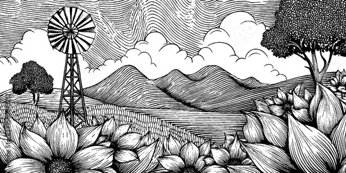 Lone windmill on open plain with vibrant flowers and hills in vintage black and white landscape