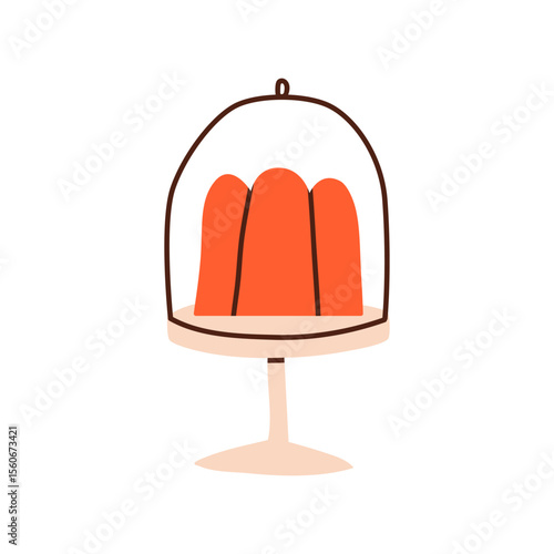 Sweet dessert served on pedestal plate. Pudding, jelly cake covered with dome...