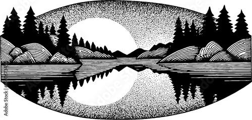 Tranquil night sky over serene lake with reflections and pine forest silhouette