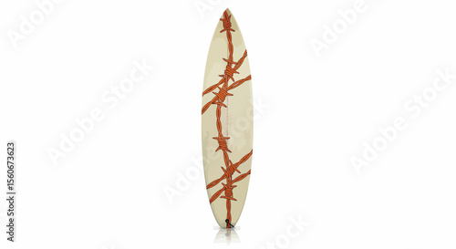 Surfboard with Barbed Wire Design, Beige Board, Orange Wire, Isolated
