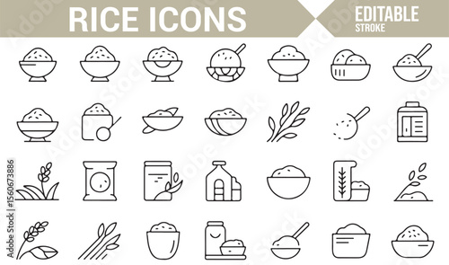 Icons for rice dishes, rice farming, and cooking, representing various stages of rice use.