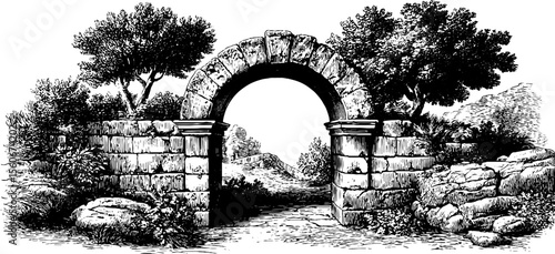 Ancient stone gate and keystone sketch for retro design and decor