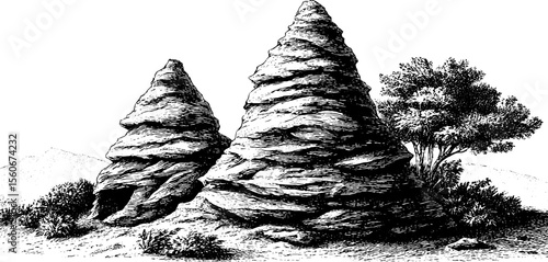 Highly detailed vintage engraving of ant hill and termite mounds for nature design
