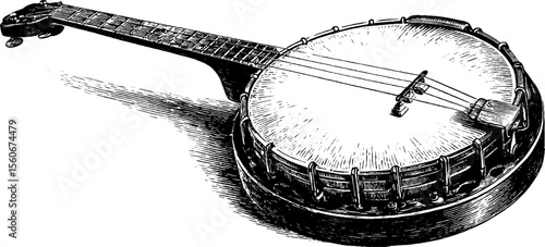 Detailed vintage banjo and fretboard illustration for music design