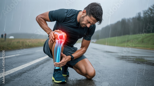 Runner experiencing knee pain during rainy weather male injury