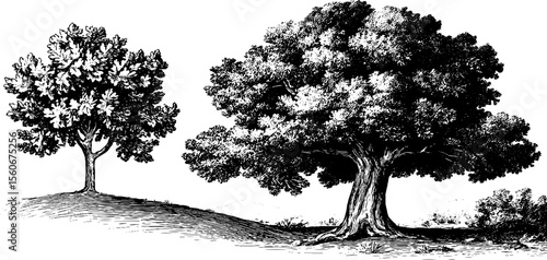 Highly detailed vintage sketch of burl knot with tree sapling silhouettes for design use