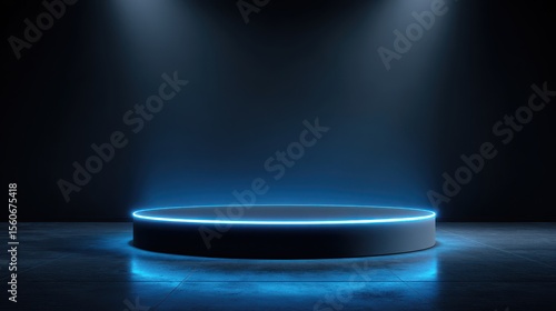 Stunning photo of background podium 3D light neon blue platform stage product abstract. Scene background 3D podium dark pedestal room glow studio empty stand floor night modern.