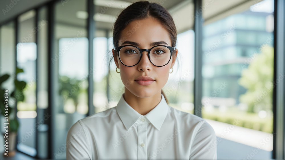 Fototapeta premium Professional Asian Woman With Glasses - Modern Office Portrait With Natural Light for Corporate Branding, Professional Headshots, and Business Success Concepts