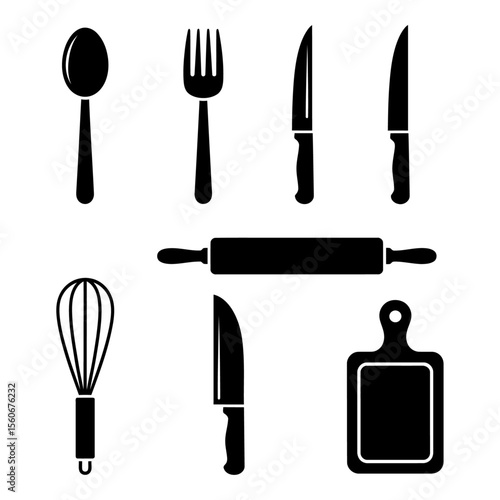 Black Kitchen Utensils Silhouettes – Spoon, Fork, Knives, Whisk, Rolling Pin, Cutting Board Icons
