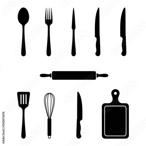 Black Kitchen Utensils and Tools Silhouettes – Spoon, Fork, Knives, Rolling Pin, Spatula, Whisk, Cutting Board Icons