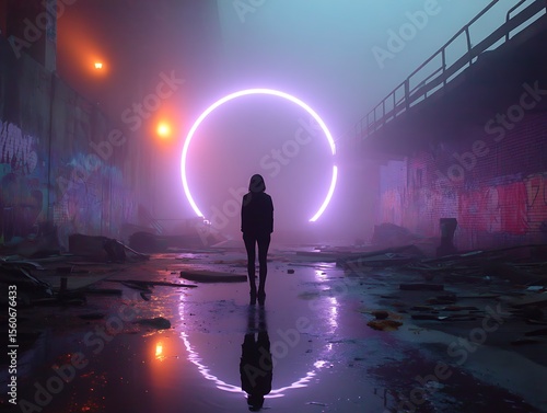 Silhouette of a person facing a glowing portal in an urban with misty landscape.