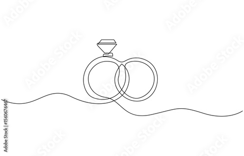 Engagement ring continuous line drawing illustration. One line art of love, Black isolated on white background. Hand drawn vector illustration, Wedding ring line art style vector illustration.