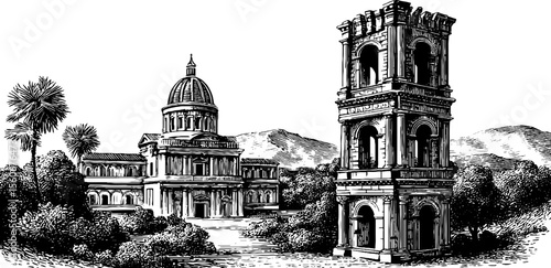 Haunted cathedral and ruined bell tower fantasy design for posters or prints