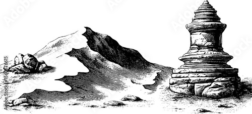 Vintage desert scene with tower and sand-worn statue in retro sketch style