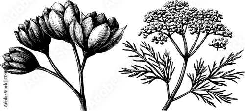 Highly detailed vintage dill flower and coriander bunch sketch for retro design