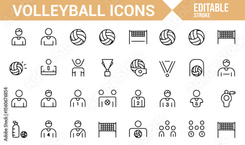Set of volleyball game and equipment icons, perfect for illustrating sports and tournaments.