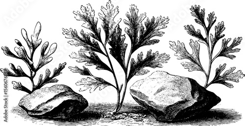 Vintage sketch of dried seaweed and tidal rocks for nature design and decoration