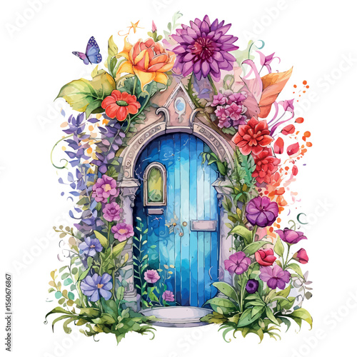 Old stone church entrance adorned with a wooden door, framed by an ancient arch and vibrant flowers spilling from its window
