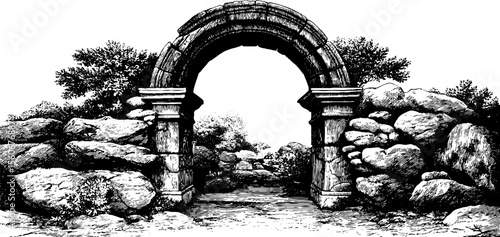 Vintage draconic archway with scorched stone illustration for architectural design