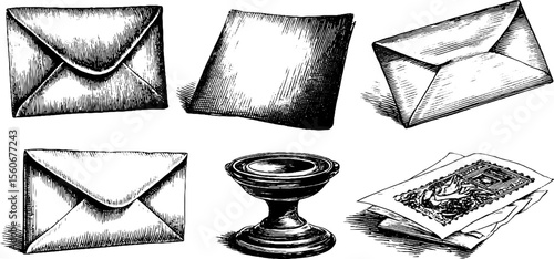 Vintage envelope and letter sketches for retro design projects