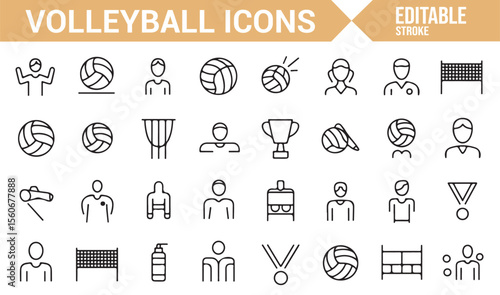 Icons representing volleyball game actions, players, courts, and equipment.