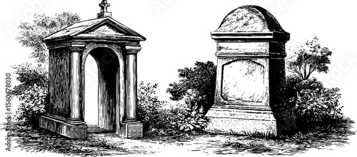 Vintage graveyard arch and crypt design for halloween decor and cards