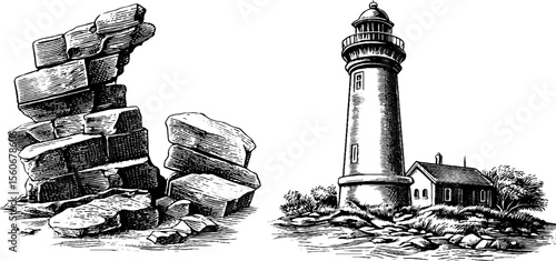 Vintage lighthouse and ruined bricks sketch for nautical and historical design