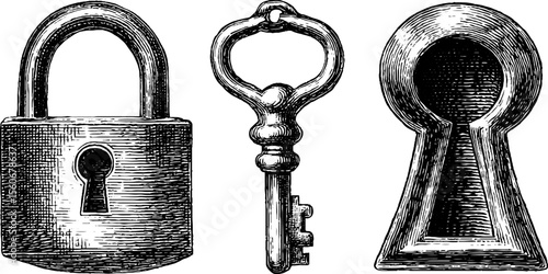 Vintage lock and keyhole set sketch for retro design projects