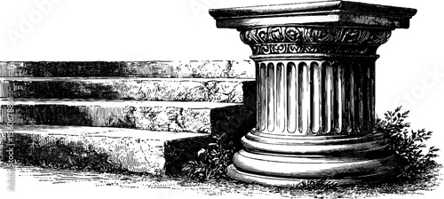 Vintage marble temple steps and carved pedestal illustration for architectural design