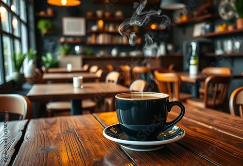 Steam rising from a hot coffee cup on a rustic wooden table in a cozy cafe,  moody,  coffee shop