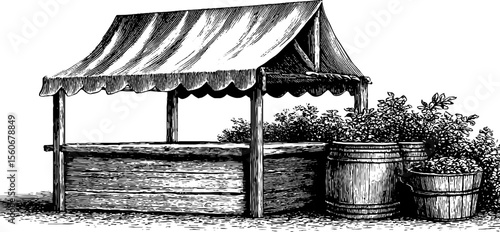 Vintage market stall with wooden signboard and canopy sketch for design
