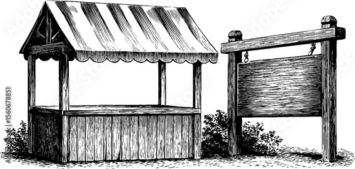 Vintage market stall canopy and wooden signboard sketch for rustic design