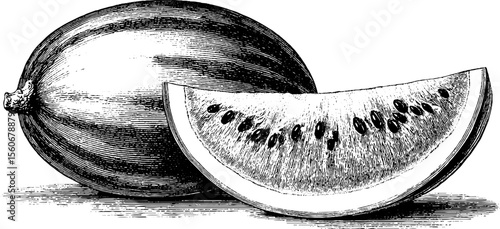 Vintage watermelon and melon slice engraving for design and decoration
