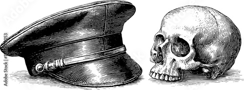 Vintage military cap and skull brooch sketch - retro hand drawn design for collectors