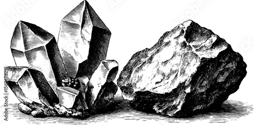 Vintage hand drawn crystal and rock engraving - retro illustration for design
