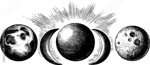 Celestial moon phases with crystal and ritual circle design for mystical print