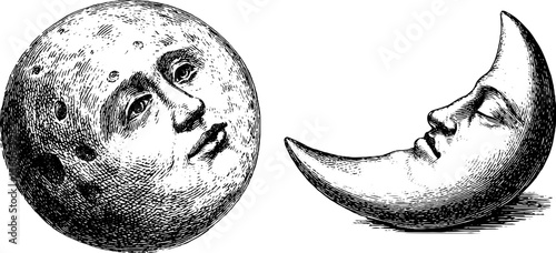 Vintage moon icons and sleep themes - detailed hand drawn engravings for design