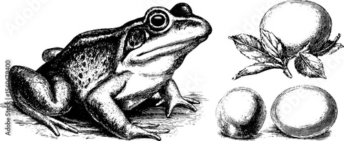 Intricate frog illustration with mossy stones and frog spawn - retro design for nature-themed projects