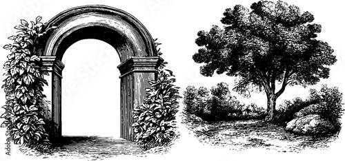 Vintage mystic portal and glowing threshold with nature elements for artistic design